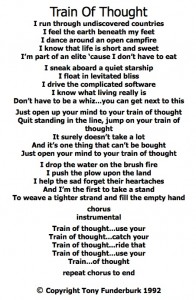 lyrics to singer songwriter, Tony Funderburk's, song "Train of Thought"
