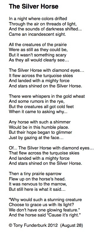 Singer songwriter and author, Tony Funderburk, shares the lyrics to his next "Bedtime Buckaroos" song: "The Silver Horse"