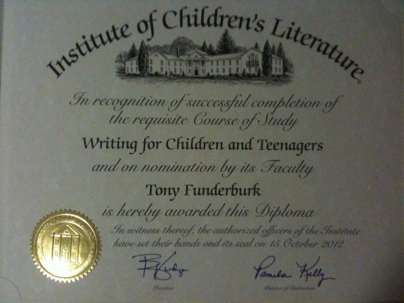 Singer songwriter, children's writer and illustrator Tony Funderburk shares his diploma from the Institute of Children's Literature.