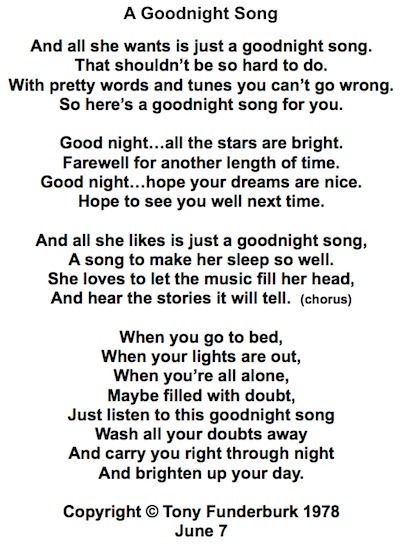 The lyrics to "A Goodnight Song" by singer songwriter, Tony Funderburk