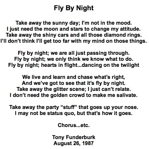 Rhyme and Reason Author Singer Songwriter, Tony Funderburk, shares his song "Fly By Night"