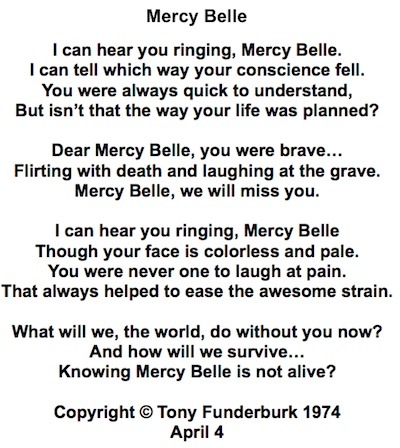 Mercy Belle Lyrics, by singer songwriter, Tony Funderburk